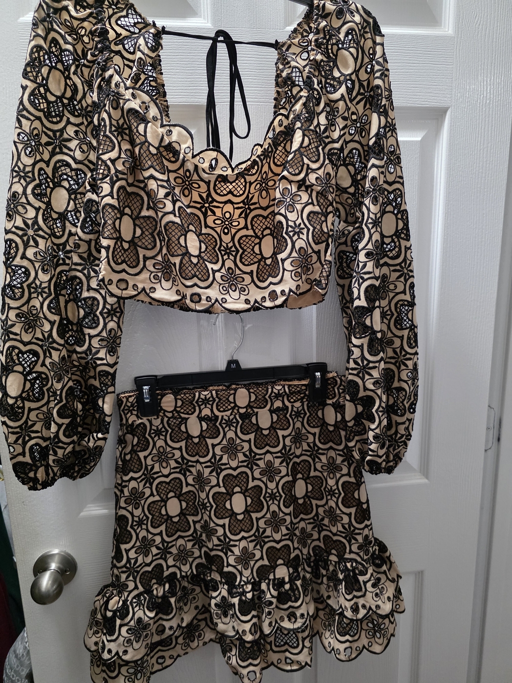 Luxe Black Floral Lace-Overlay Beige Mini Skirt with Ruffle Hem